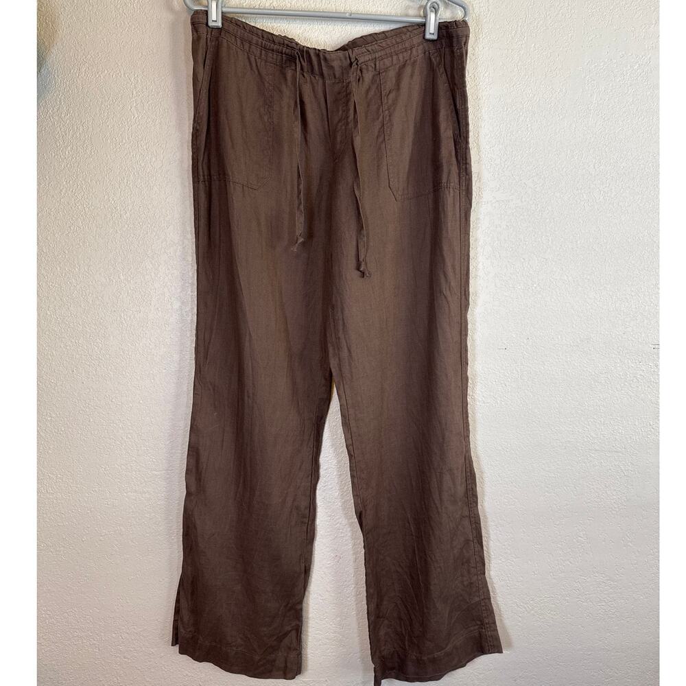 Allen Allen 100% Linen Brown Wide Leg Pants Womens Medium Elastic Drawstring